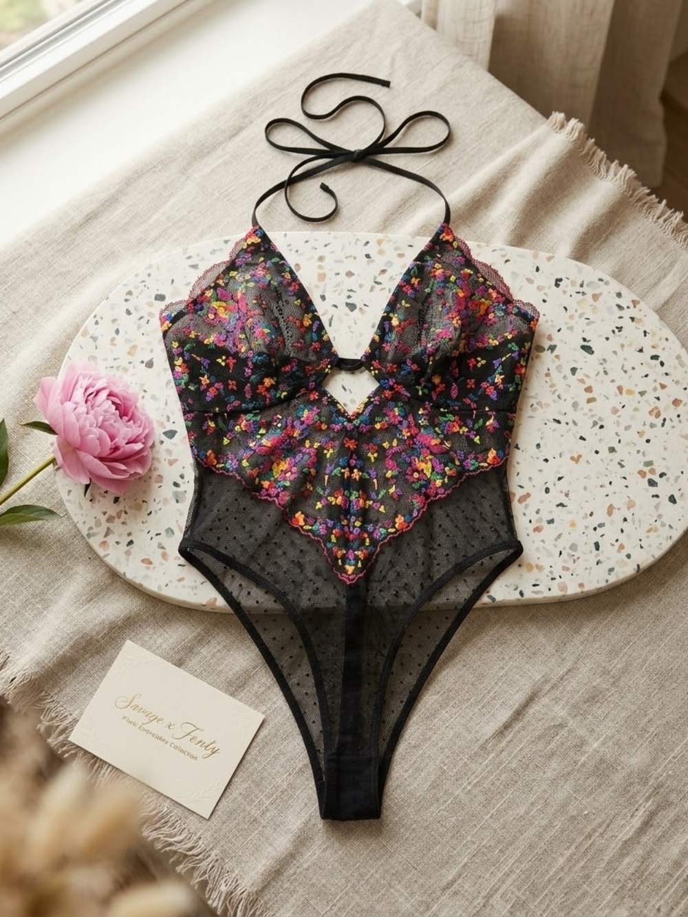 Savage X Fenty Free Spirit Floral Embroidered Teddy Black Sheer Bodysuit S
